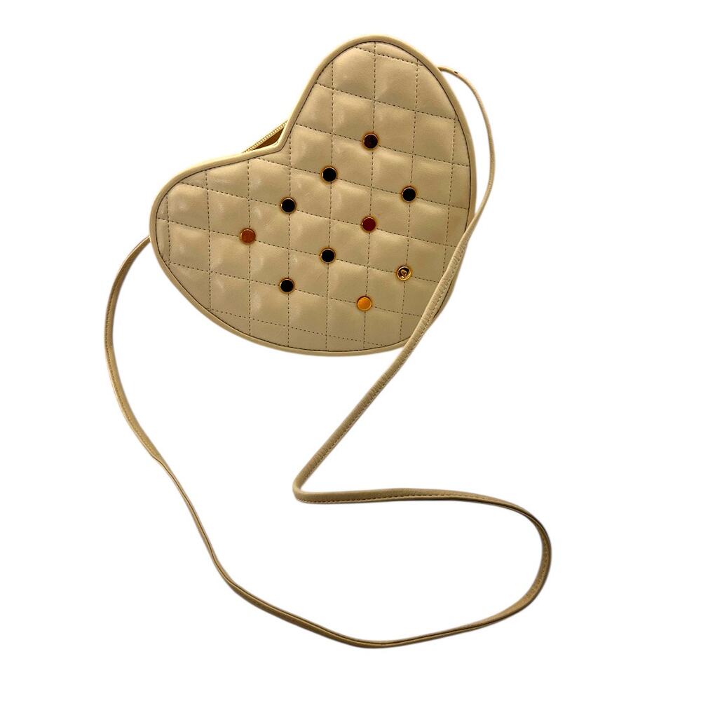 Vintage Brio Womens Heart Shaped Crossbody Handbag Leather Beige Gold Studs